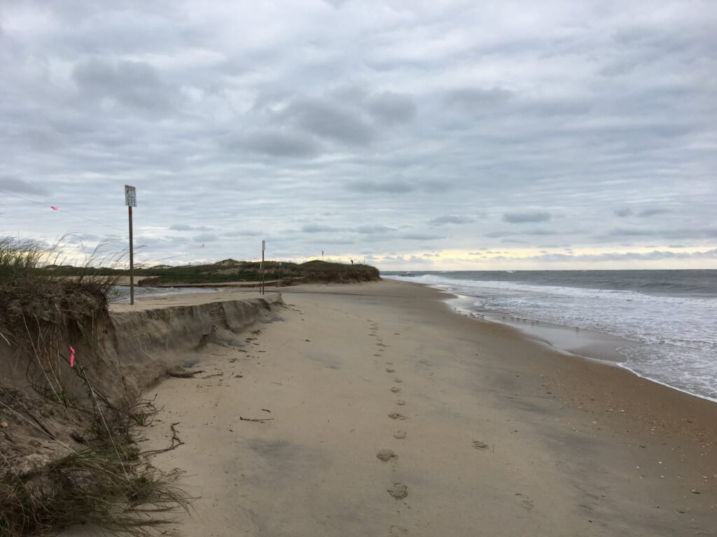 A sand track runs between low dunes toward the ocean west of Cape Point, showing recent erosion along the shoreline.