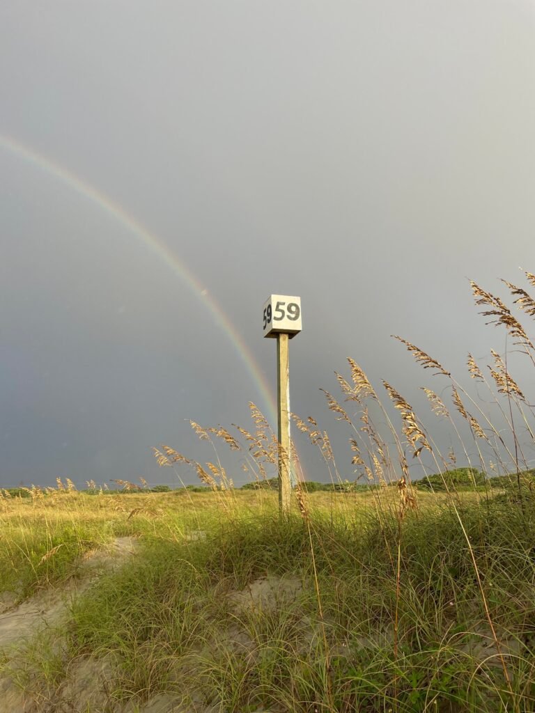 The numbered post marking Beach Access Ramp 59 stands among sea oats with a rainbow arcing over the dunes behind it.