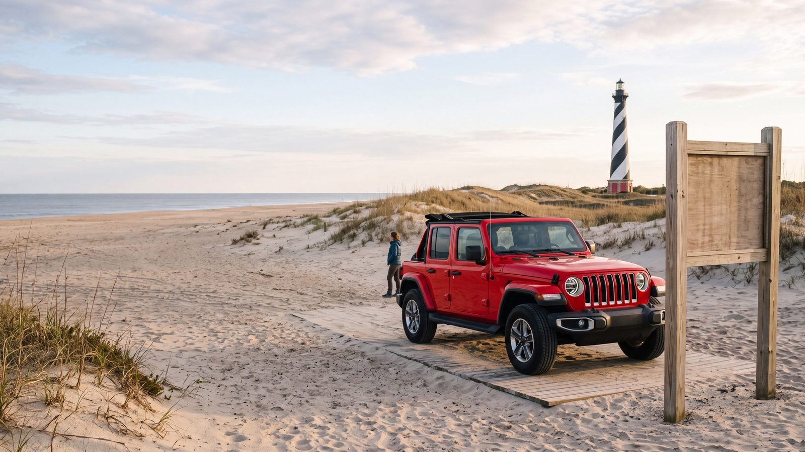 A red four-door Jeep Wrangler at the top of a sandy ramp with the Cape Hatteras Lighthouse over the dunes — Outer Banks, NC