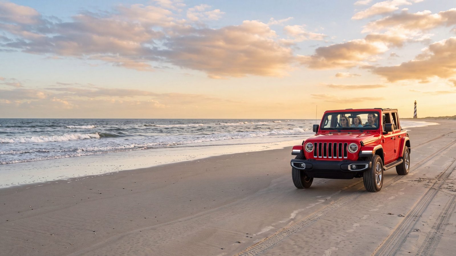 A red four-door Jeep Wrangler with a family inside driving the tide line at golden hour, the Cape Hatteras Lighthouse on the horizon — Outer Banks, NC