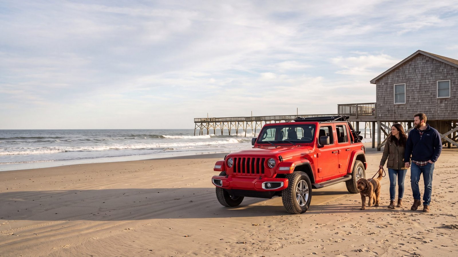 A red four-door Jeep Wrangler on an autumn beach beside a wooden fishing pier, a couple walking a dog on a leash — Nags Head, NC
