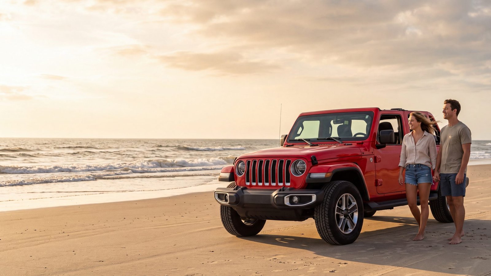 A red four-door Jeep Wrangler alone on a vast empty island beach with a couple beside it — Ocracoke, NC