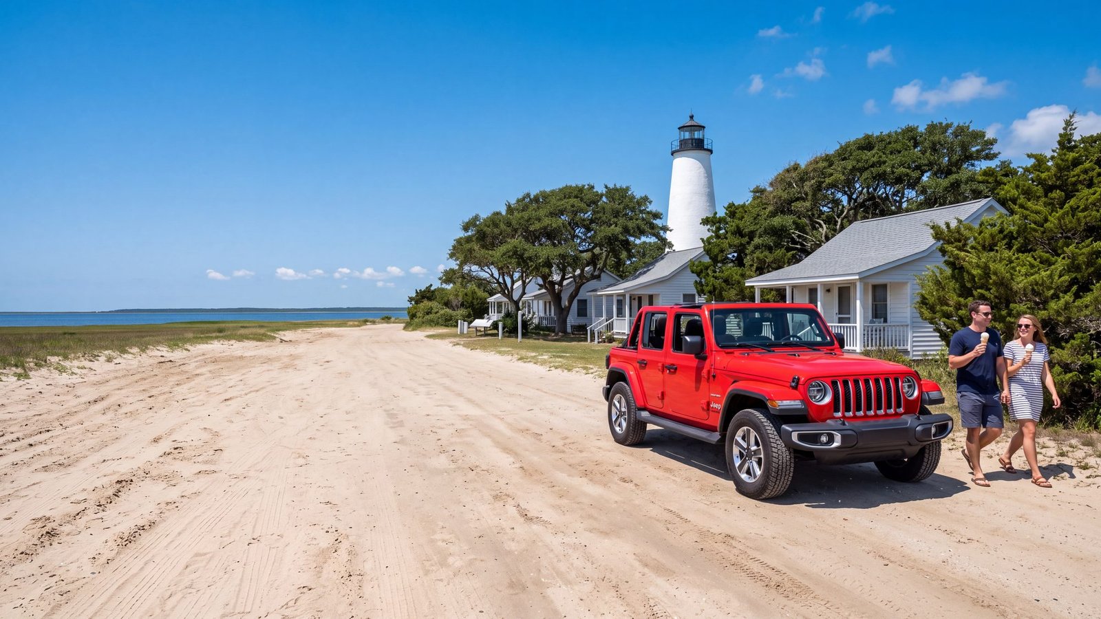 A red four-door Jeep Wrangler on a sandy village lane with white cottages, live oaks and the white Ocracoke Lighthouse — Ocracoke, NC