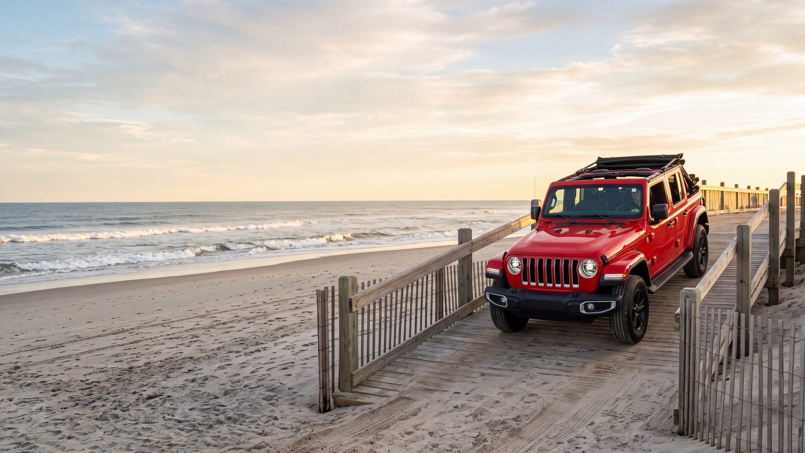 A red four-door Jeep Wrangler coming down a sandy beach ramp between dune fences onto hard sand — Outer Banks, NC