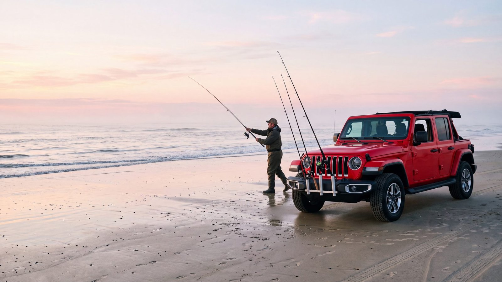 A red four-door Jeep Wrangler with surf rods in a front rack at the tide line, an angler casting beside it at dawn — Outer Banks, NC